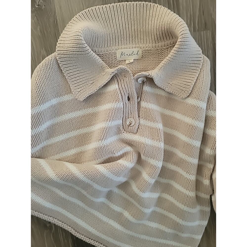 Marled Women's L Preppy Rugby Ribbed Knit Collared Sweater Tan Ivory Stripe